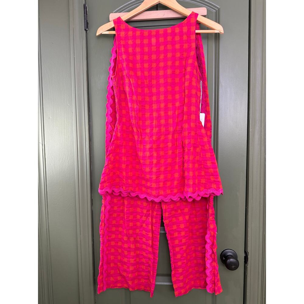 NWT Saylor Bruna Bright Gingham Pants Set Resort Colorful Fun Pink/Orange Small